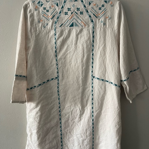 Linen Estrella Carve Designs Dress Aztec Embroidered Cream Blue - Picture 3 of 6